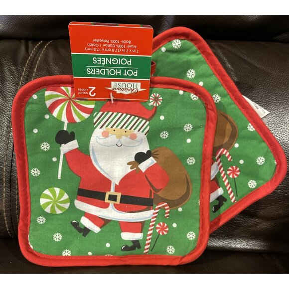 4~Christmas House Holiday Pot Holders 2-Pack With Santa & 2 Snowman Prints 7"x7" - Picture 4 of 9